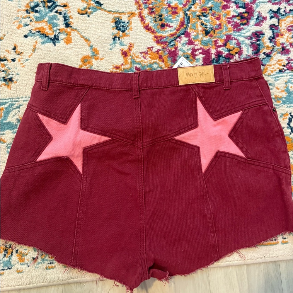 Nasty Gal Women's Burgundy Shorts with Pink Star Accents